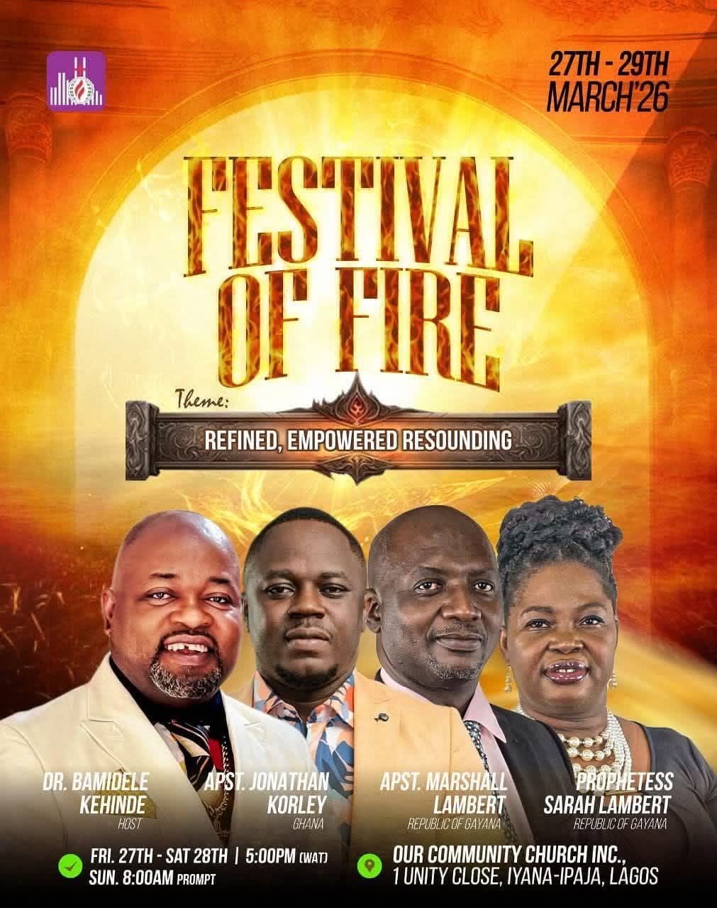 Flyer for Festival of Fire, Lagos, March 27 to 29, 2026