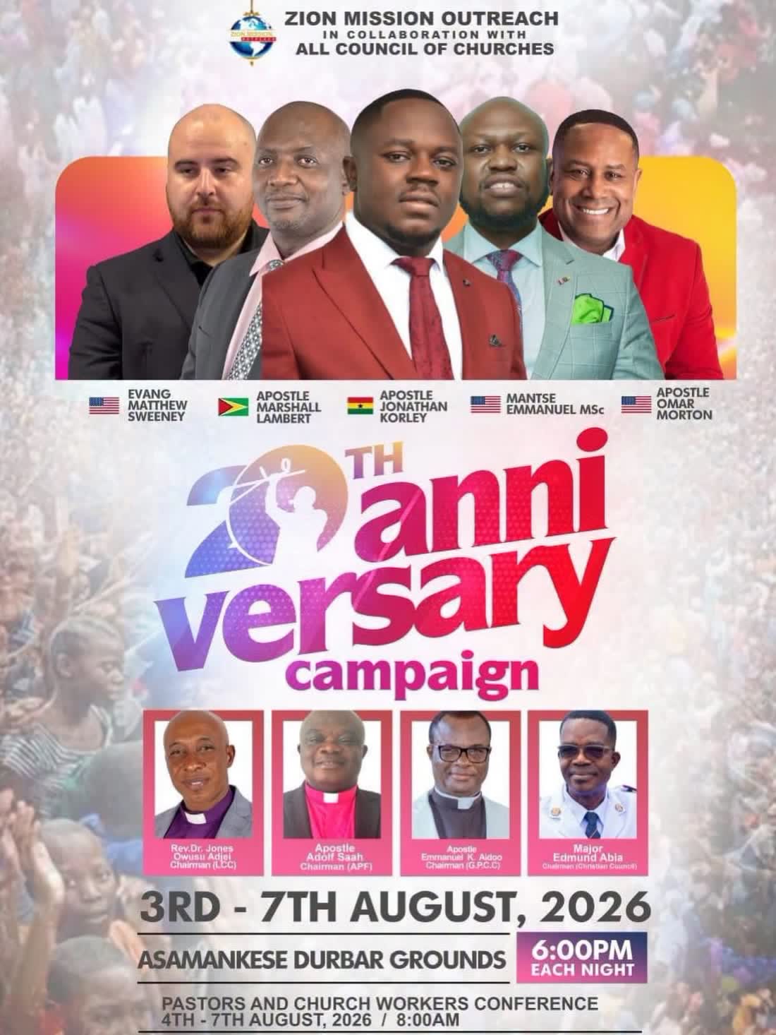 Flyer: 20th Anniversary Campaign, Asamankese Durbar Grounds, August 3 to 7, 2026